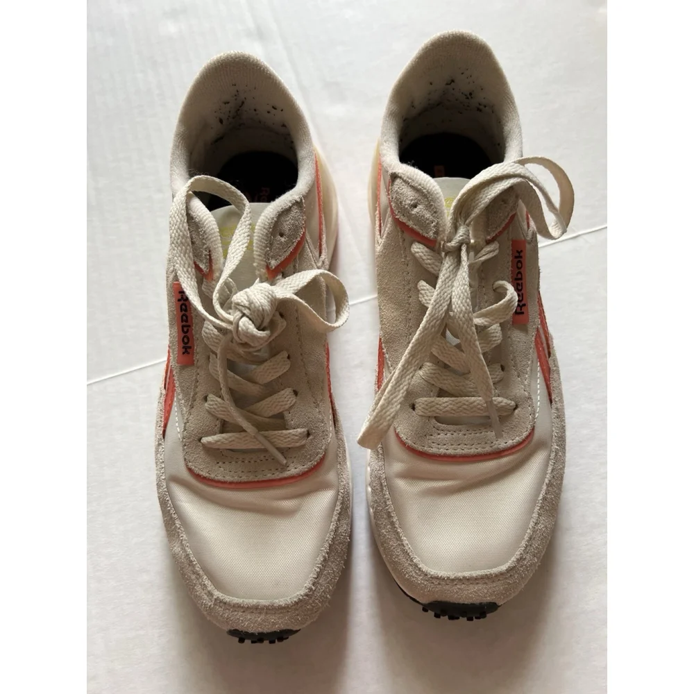 Women's Reebok Suede Forte Racer Ortholite Sneakers Coral Pink Yellow Cream Sz 8